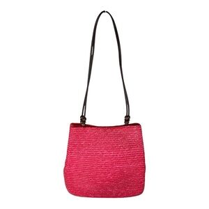 Red Woven Straw Shoulder Bag Boho Summer Beach Wood Bead Vegan Leather Strap